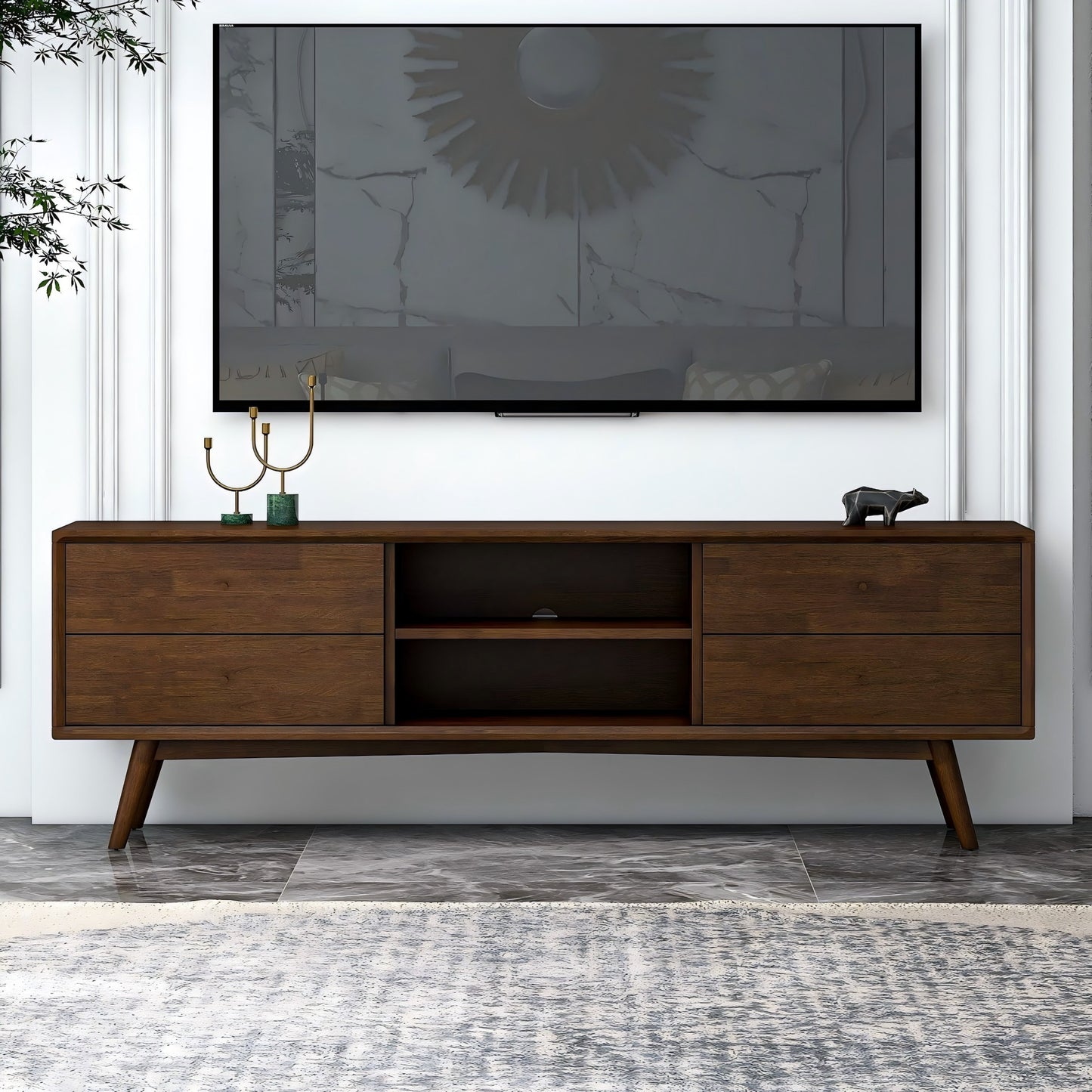 Caroline Mid Century Modern Style Walnut TV Stand for Flat-Screen TVs Up To 71 Inches in Brown Solid Wood for Bedroom, Hallway, Entryway, Closet, Tall Chest Organizer Unit