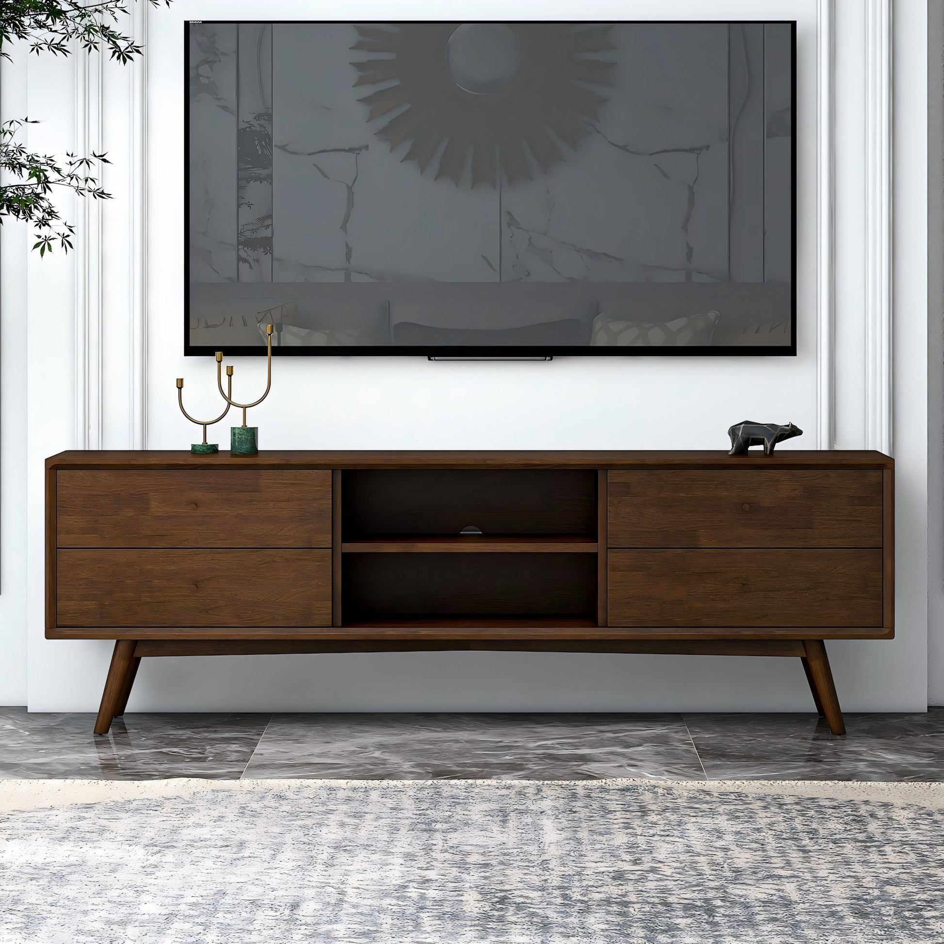 Caroline Mid Century Modern Style Walnut TV Stand for Flat-Screen TVs Up To 71 Inches in Brown Solid Wood for Bedroom, Hallway, Entryway, Closet, Tall Chest Organizer Unit