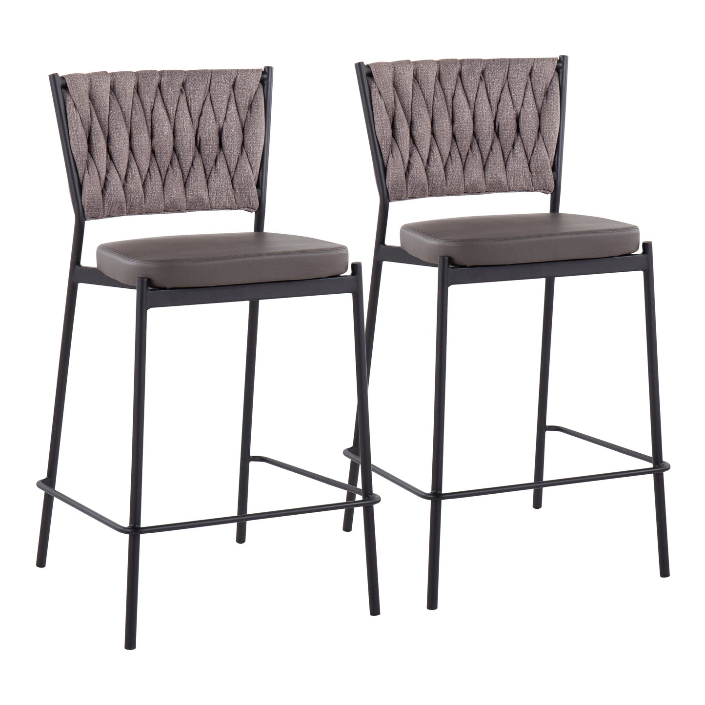Contemporary Counter Stool in Black Metal, Grey Faux Leather, and Light Brown Fabric  - Set of 2