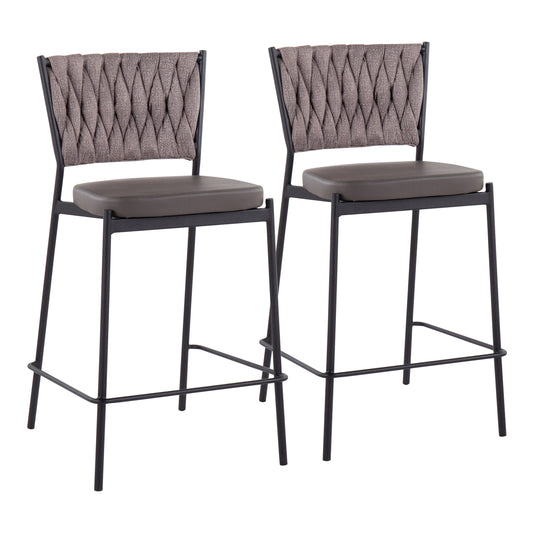 Contemporary Counter Stool in Black Metal, Grey Faux Leather, and Light Brown Fabric  - Set of 2