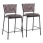Contemporary Counter Stool in Black Metal, Grey Faux Leather, and Light Brown Fabric  - Set of 2