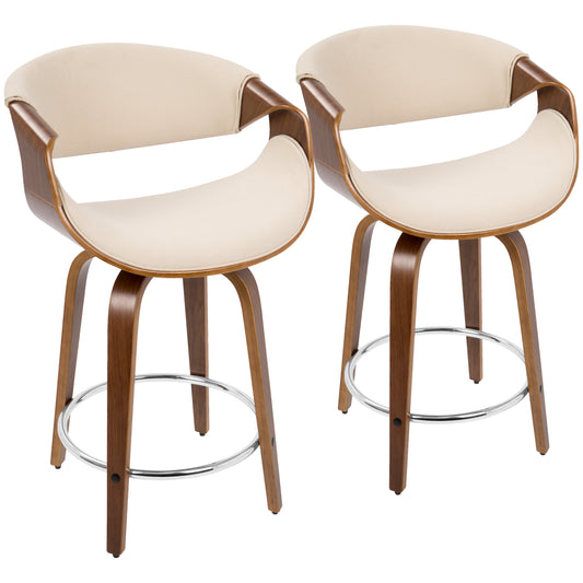 Mid-Century Modern Counter Stool in Walnut Wood and Cream Fabric  - Set of 2
