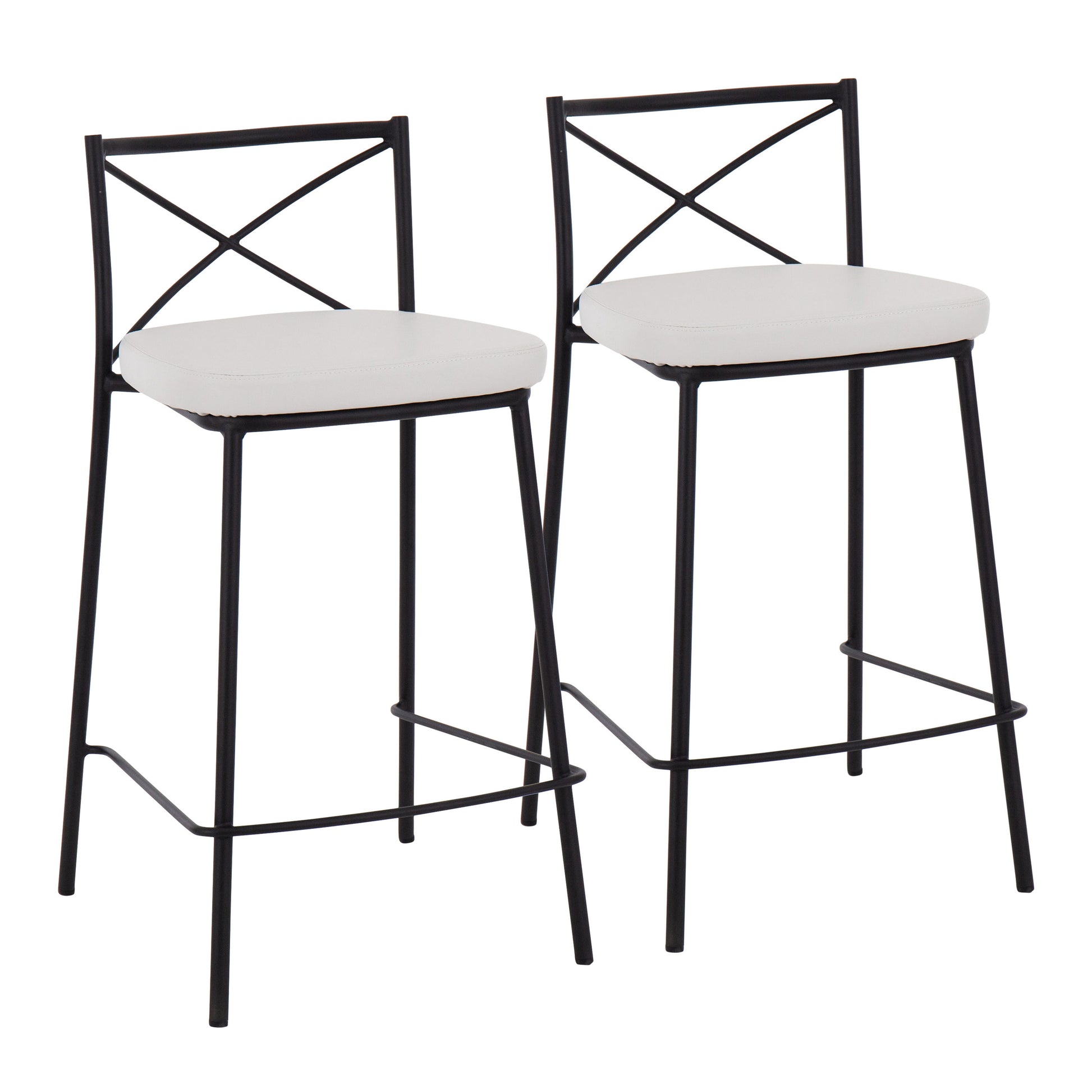 Modern  25" Contemporary Fixed-Height Counter Stool in Black Metal and White Faux Leather  - Set of 2