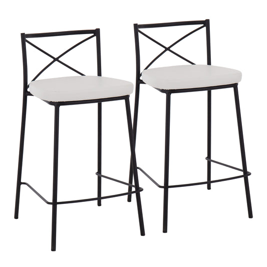 Modern  25" Contemporary Fixed-Height Counter Stool in Black Metal and White Faux Leather  - Set of 2