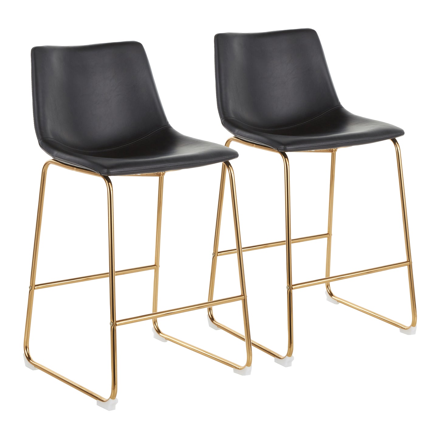 Contemporary Counter Stool in Gold Metal and Black Faux Leather  - Set of 2