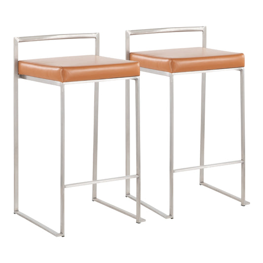 Contemporary Stackable Counter Stool in Stainless Steel with Camel Faux Leather Cushion  - Set of 2