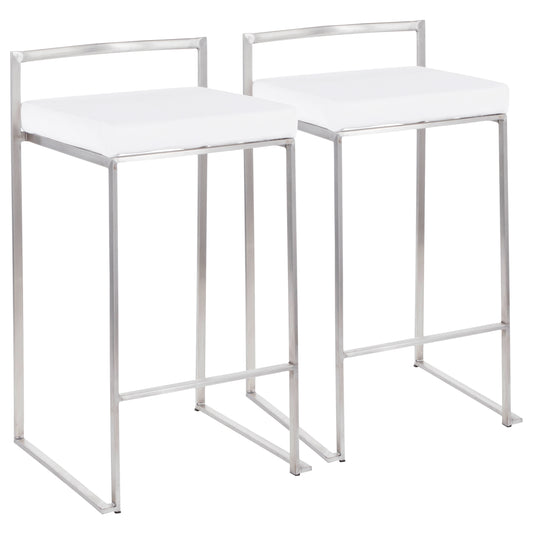 Contemporary Stackable Counter Stool in Stainless Steel with White Velvet Cushion  - Set of 2