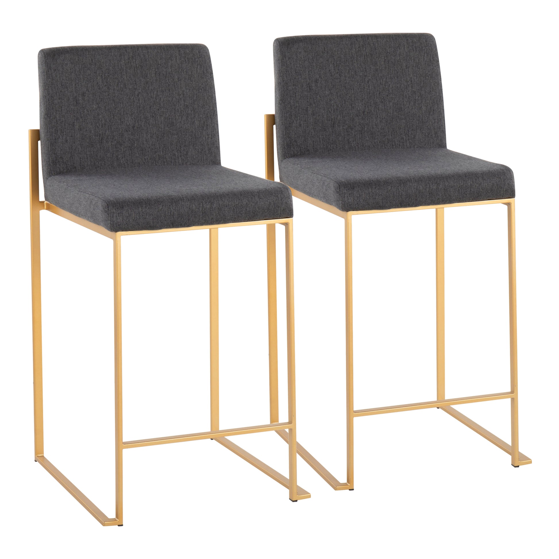 Contemporary High Back Counter Stool in Gold Steel and Charcoal Fabric  - Set of 2