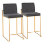 Contemporary High Back Counter Stool in Gold Steel and Charcoal Fabric  - Set of 2