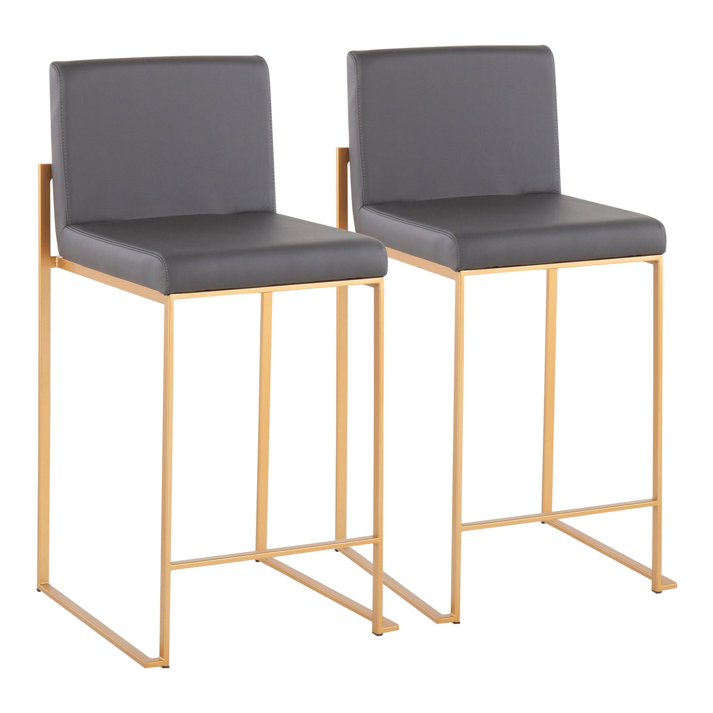 Contemporary High Back Counter Stool in Gold Steel and Grey Faux Leather  - Set of 2