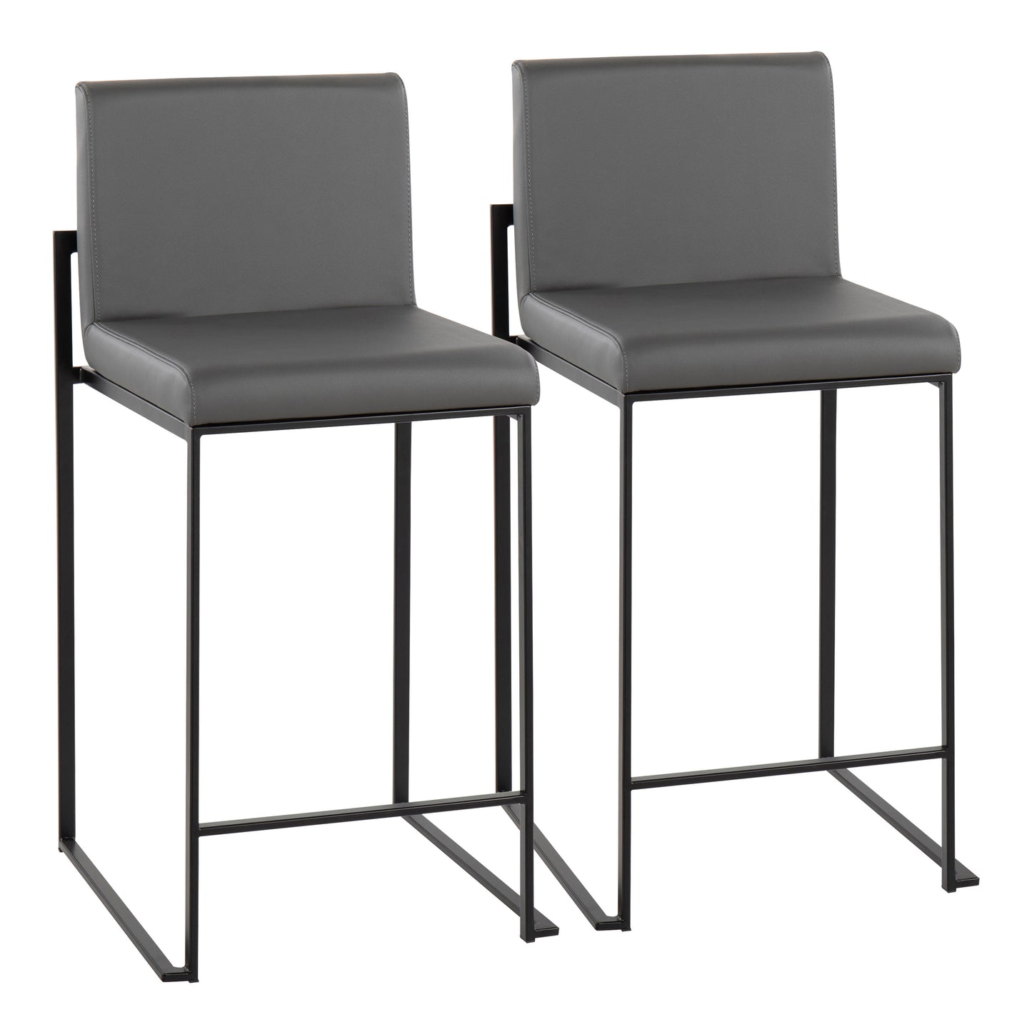 Contemporary High Back Counter Stool in Black Steel and Grey Faux Leather  - Set of 2