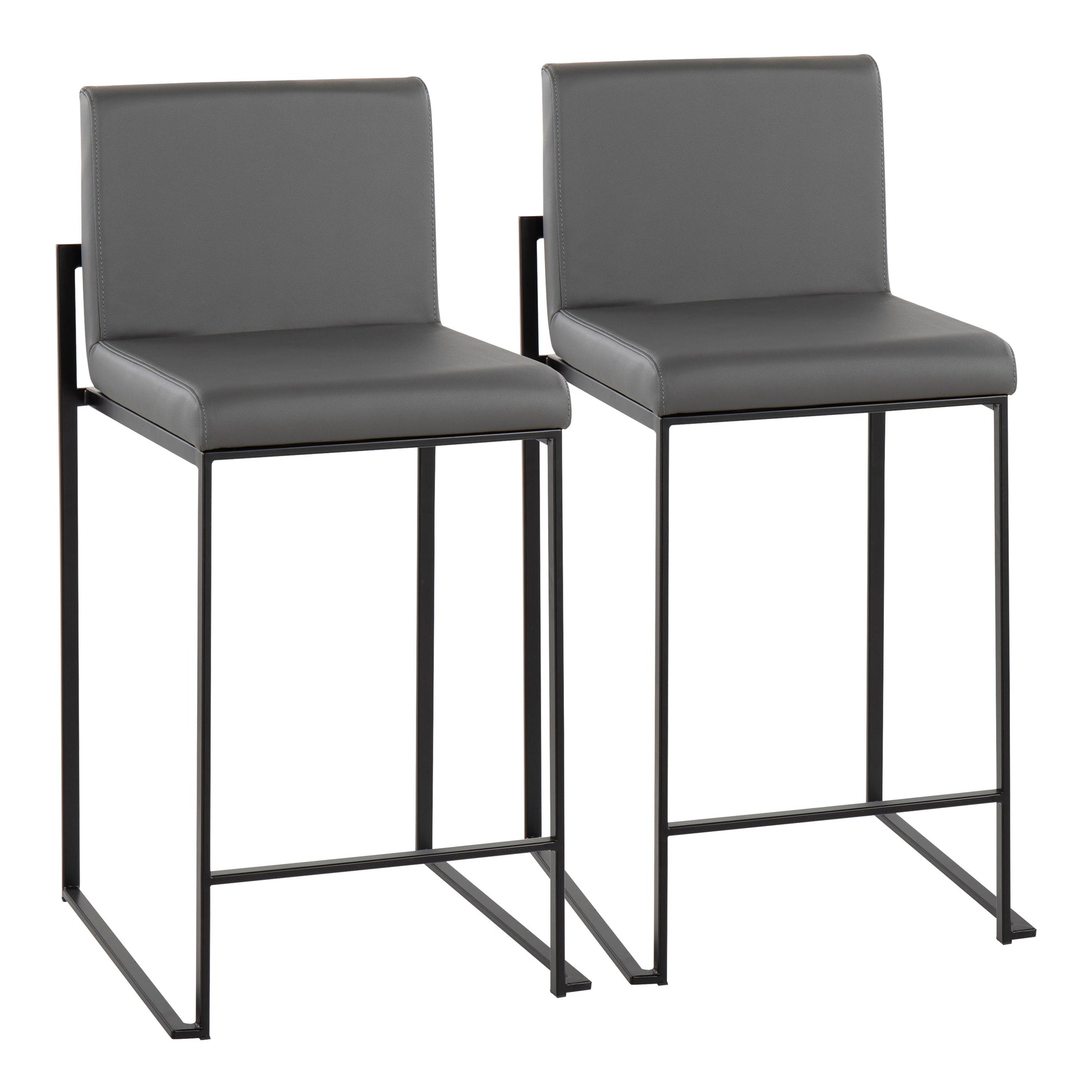 Contemporary High Back Counter Stool in Black Steel and Grey Faux Leather  - Set of 2