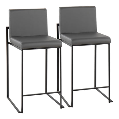 Contemporary High Back Counter Stool in Black Steel and Grey Faux Leather  - Set of 2