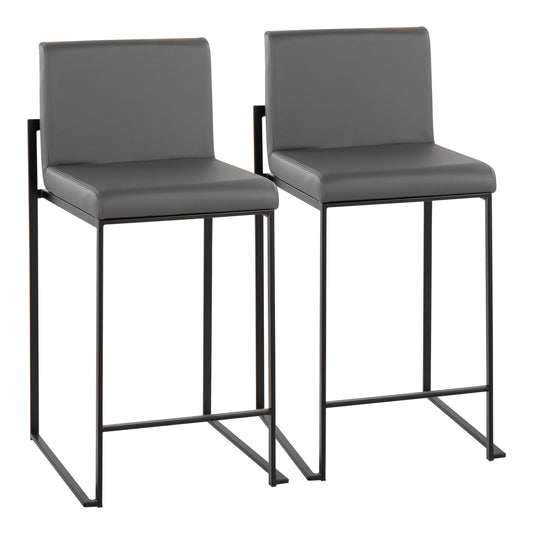 Contemporary High Back Counter Stool in Black Steel and Grey Faux Leather  - Set of 2