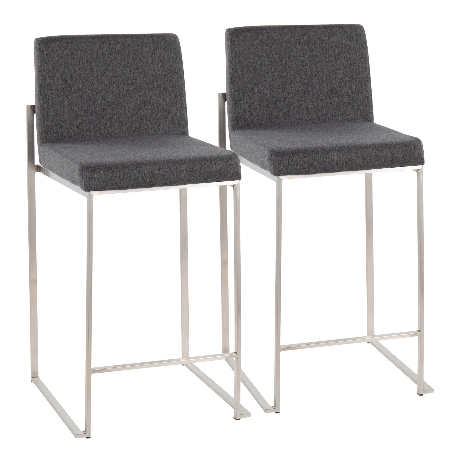 Contemporary High Back Counter Stool in Stainless Steel and Charcoal Fabric  - Set of 2