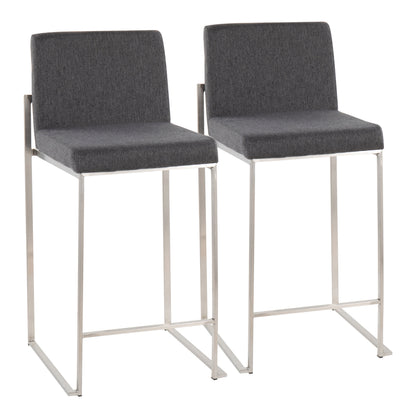 Contemporary High Back Counter Stool in Stainless Steel and Charcoal Fabric  - Set of 2
