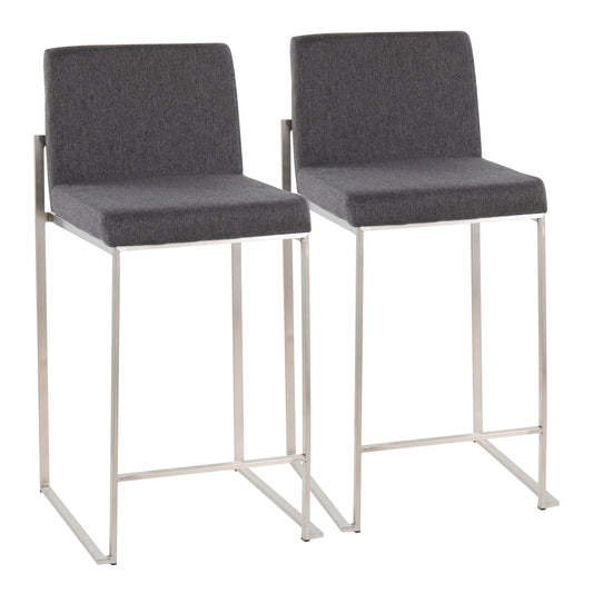 Contemporary High Back Counter Stool in Stainless Steel and Charcoal Fabric  - Set of 2