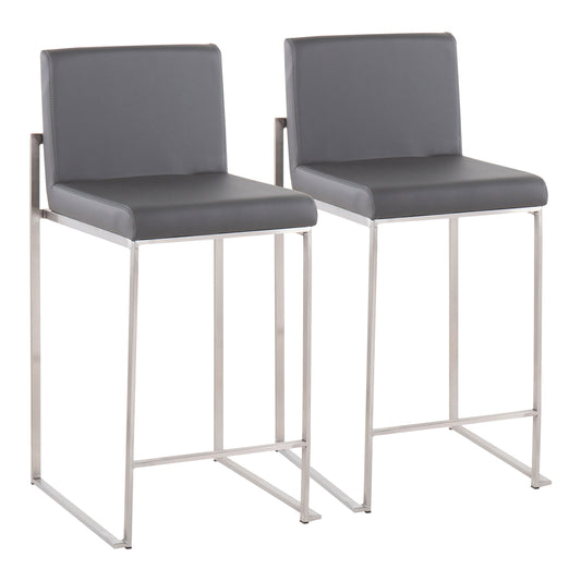 Contemporary High Back Counter Stool in Stainless Steel and Grey Faux Leather  - Set of 2