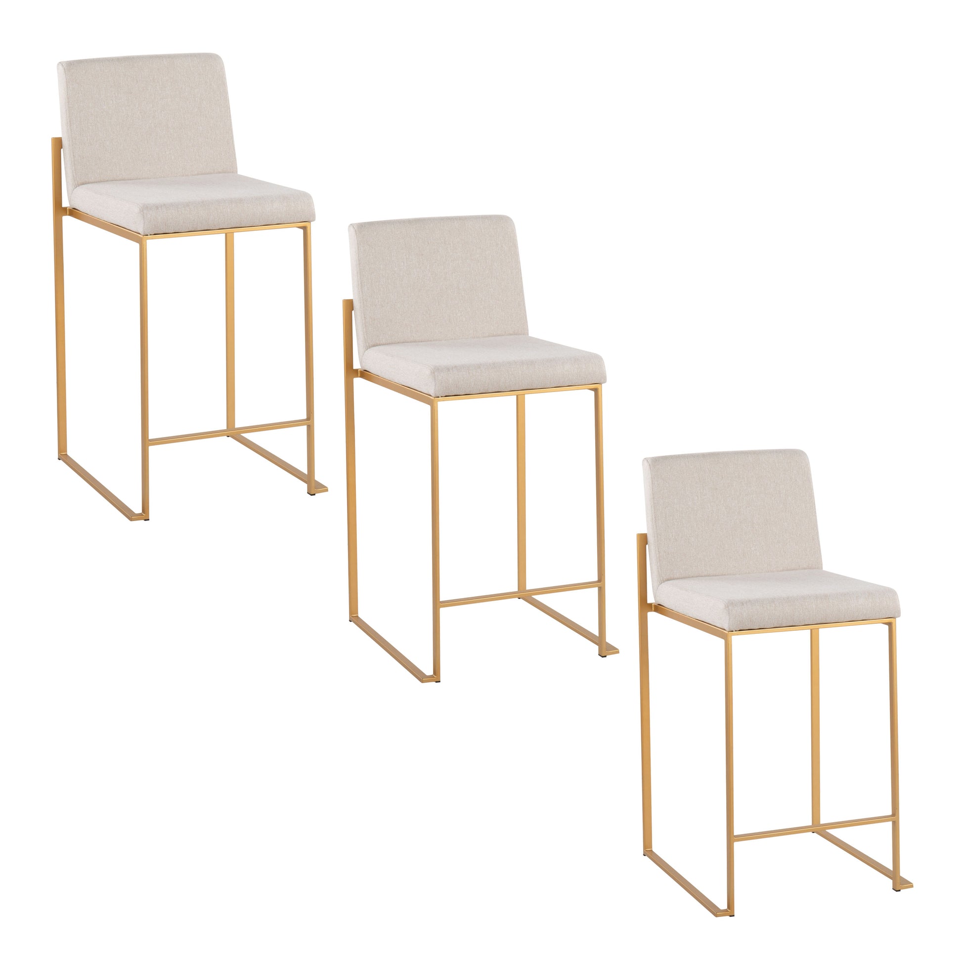 26" Contemporary High Back Counter Stool in Gold Steel and Beige Fabric  - Set of 3