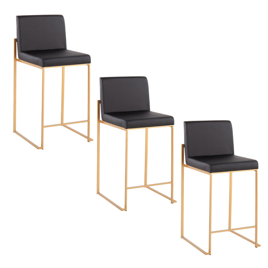 26" Contemporary High Back Counter Stool in Gold Steel and Black Faux Leather  - Set of 3