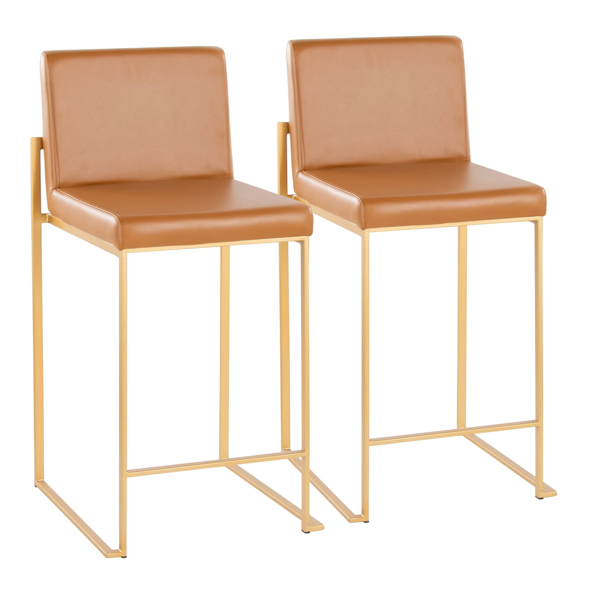 High Back Counter Stool in Gold Metal and Camel Faux Leather - Set of 2