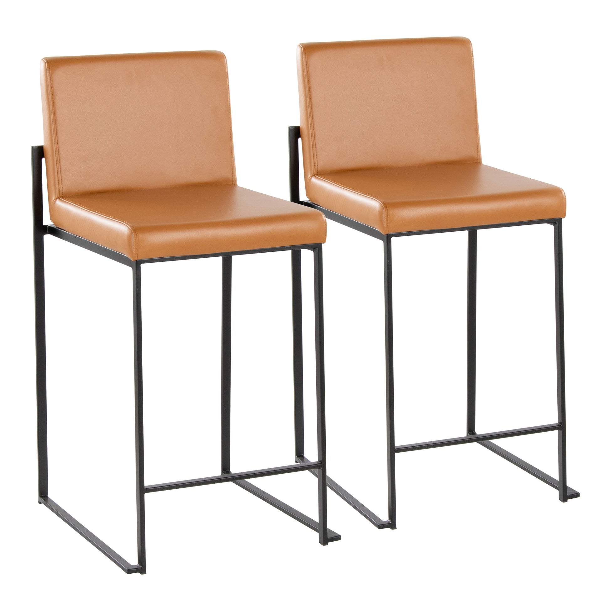 High Back Counter Stool in Black Metal and Camel Faux Leather - Set of 2