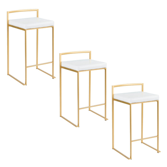 26" Contemporary Counter Stool in Gold Metal with White Faux Leather  - Set of 3