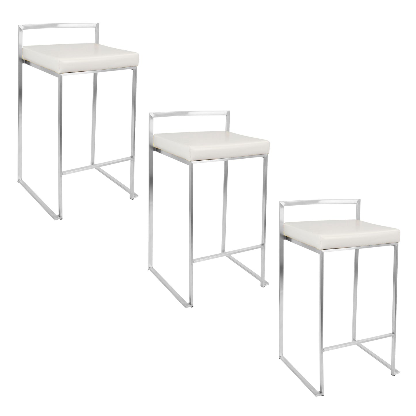 26" Contemporary Stackable Counter Stool in Brushed Stainless Steel with White Faux Leather  - Set of 3