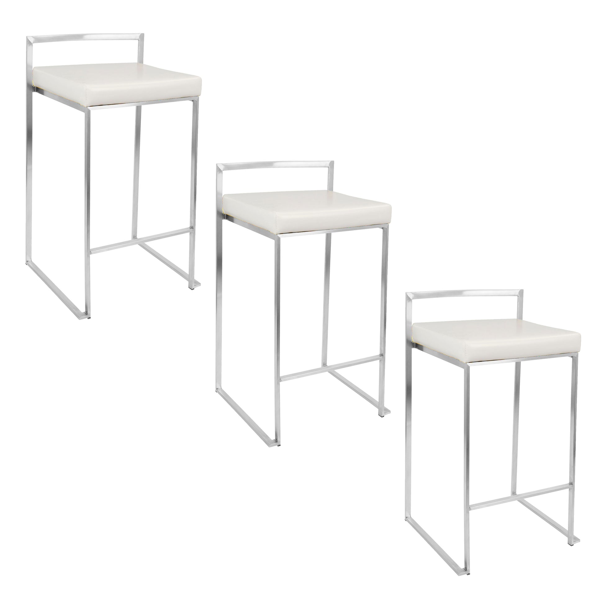 26" Contemporary Stackable Counter Stool in Brushed Stainless Steel with White Faux Leather  - Set of 3
