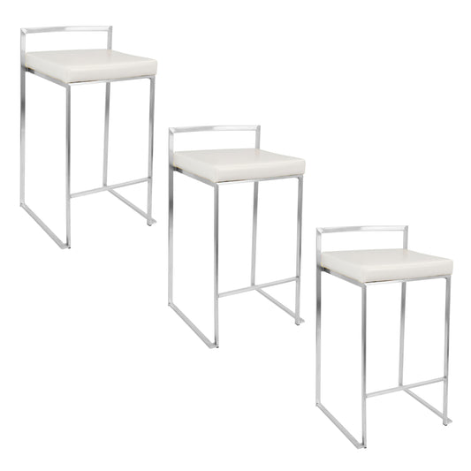 26" Contemporary Stackable Counter Stool in Brushed Stainless Steel with White Faux Leather  - Set of 3