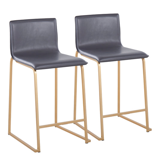 26" Contemporary Counter Stool in Gold Metal and Grey Faux Leather  - Set of 2