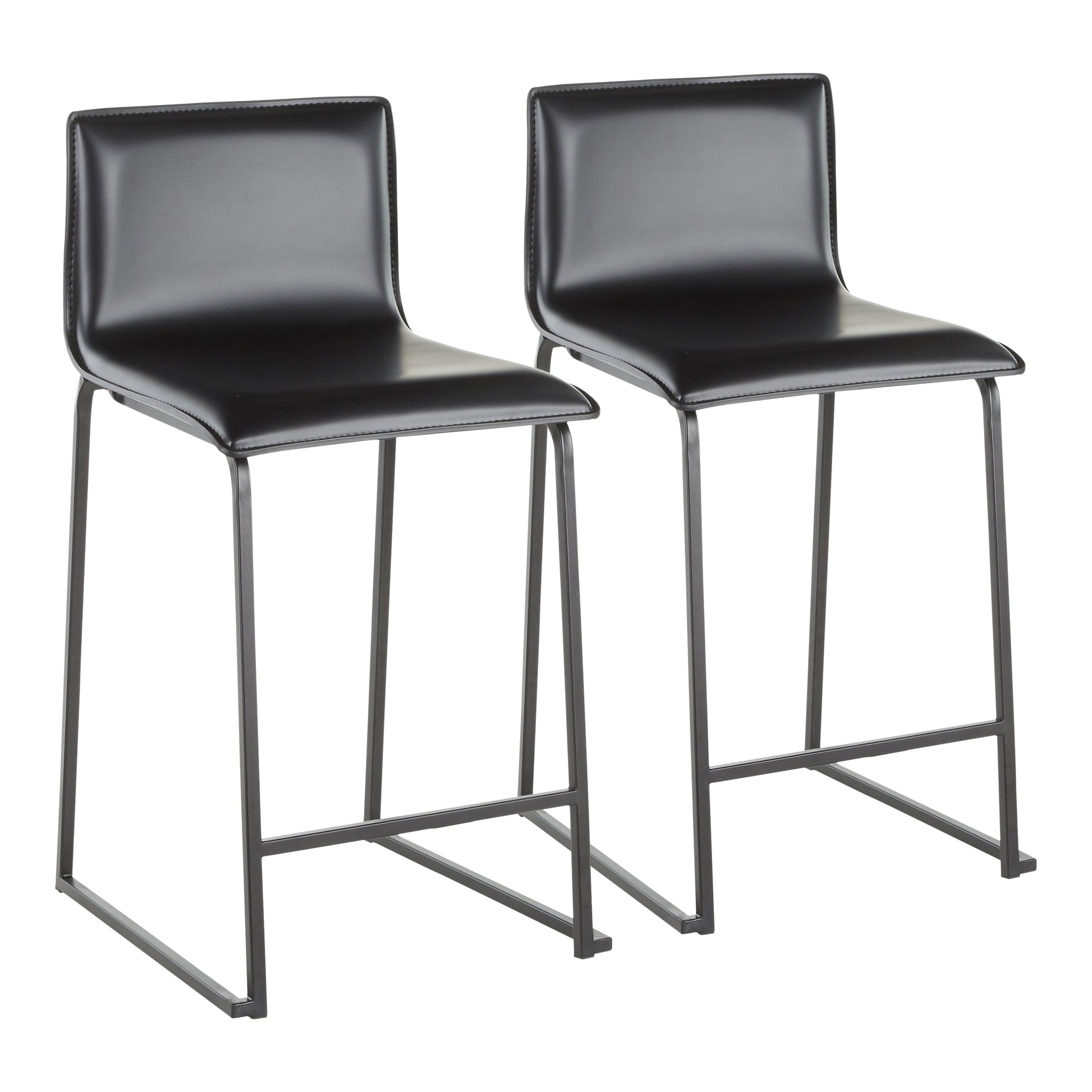 26" Contemporary Counter Stool in Black Metal and Black Faux Leather  - Set of 2