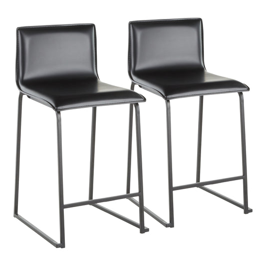26" Contemporary Counter Stool in Black Metal and Black Faux Leather  - Set of 2