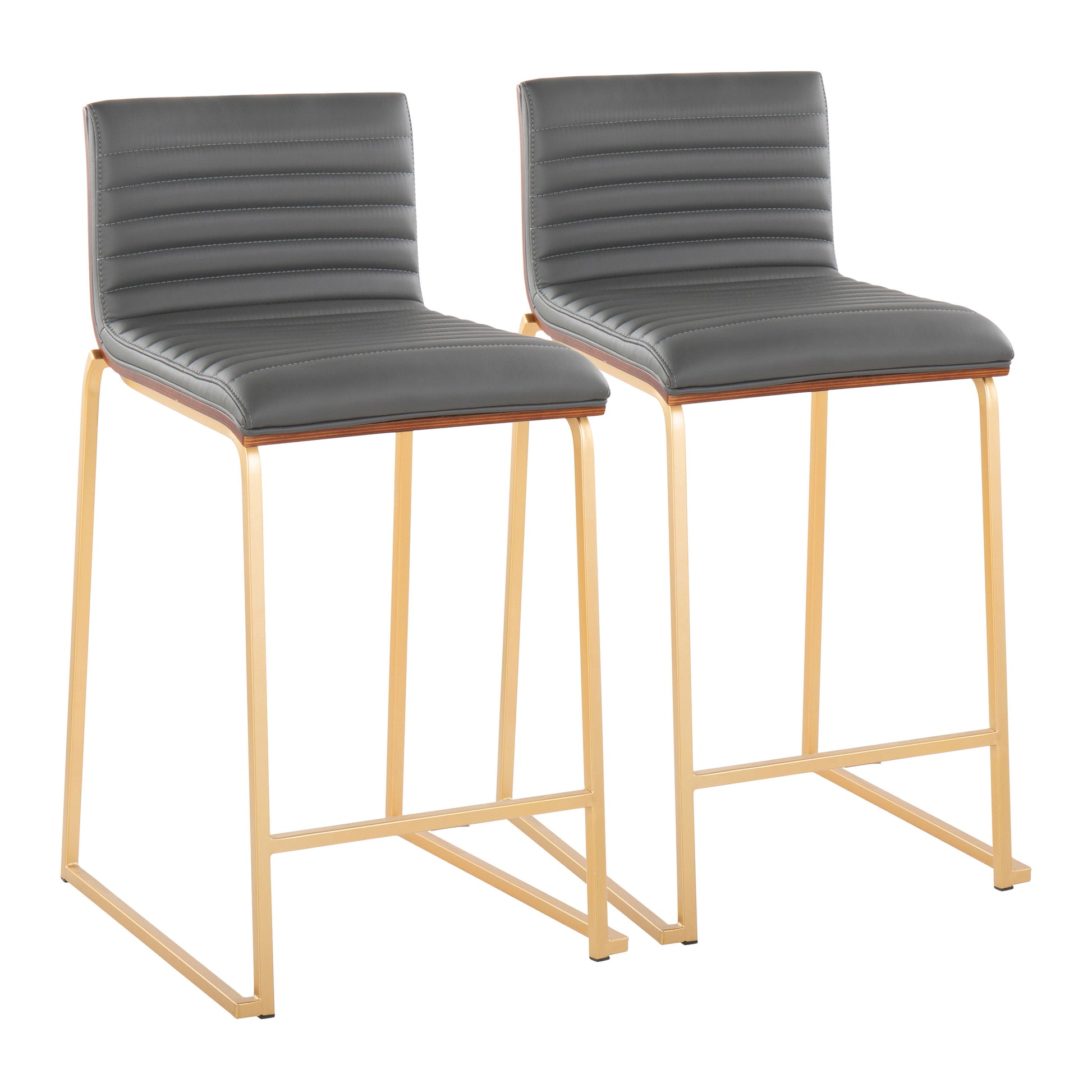26" Contemporary Fixed-Height Counter Stool in Gold Metal, Walnut Wood and Grey Faux Leather  - Set of 2