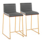 26" Contemporary Fixed-Height Counter Stool in Gold Metal, Walnut Wood and Grey Faux Leather  - Set of 2
