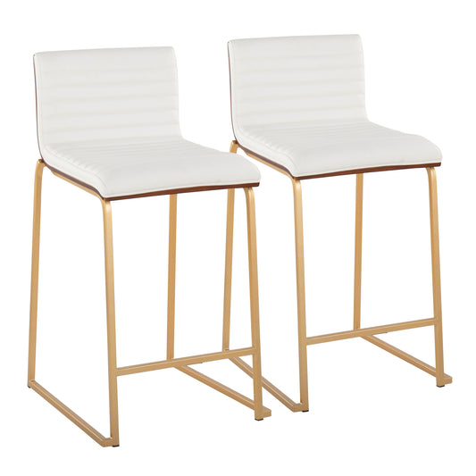 26" Contemporary Fixed-Height Counter Stool in Gold Metal, Walnut Wood and White Faux Leather  - Set of 2