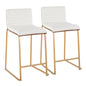 26" Contemporary Fixed-Height Counter Stool in Gold Metal, Walnut Wood and White Faux Leather  - Set of 2