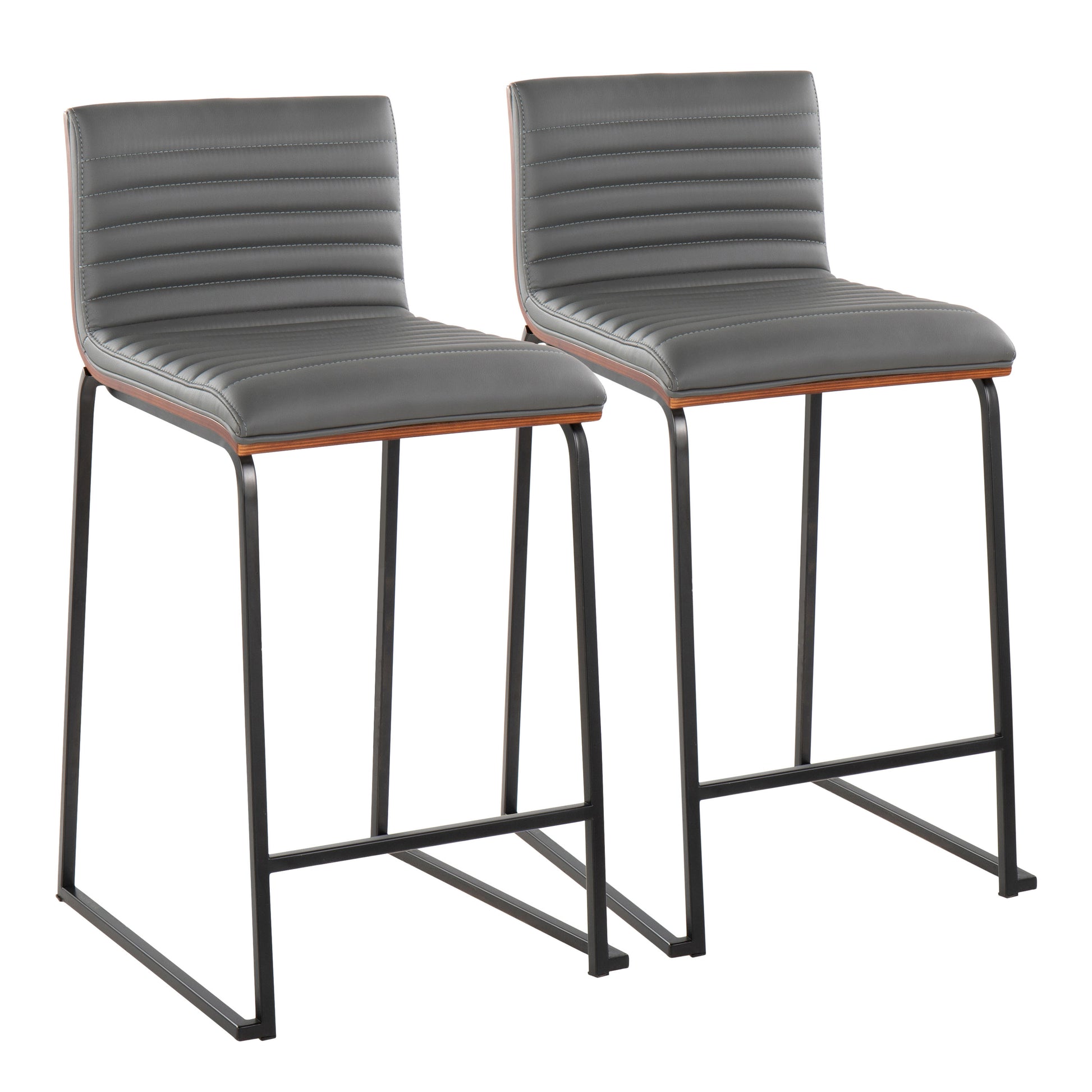 26" Contemporary Fixed-Height Counter Stool in Black Metal, Walnut Wood and Grey Faux Leather  - Set of 2
