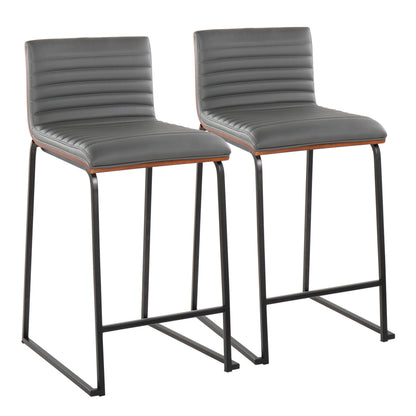 26" Contemporary Fixed-Height Counter Stool in Black Metal, Walnut Wood and Grey Faux Leather  - Set of 2