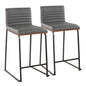 26" Contemporary Fixed-Height Counter Stool in Black Metal, Walnut Wood and Grey Faux Leather  - Set of 2