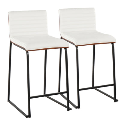 26" Contemporary Fixed-Height Counter Stool in Black Metal, Walnut Wood and White Faux Leather  - Set of 2