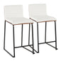 26" Contemporary Fixed-Height Counter Stool in Black Metal, Walnut Wood and White Faux Leather  - Set of 2