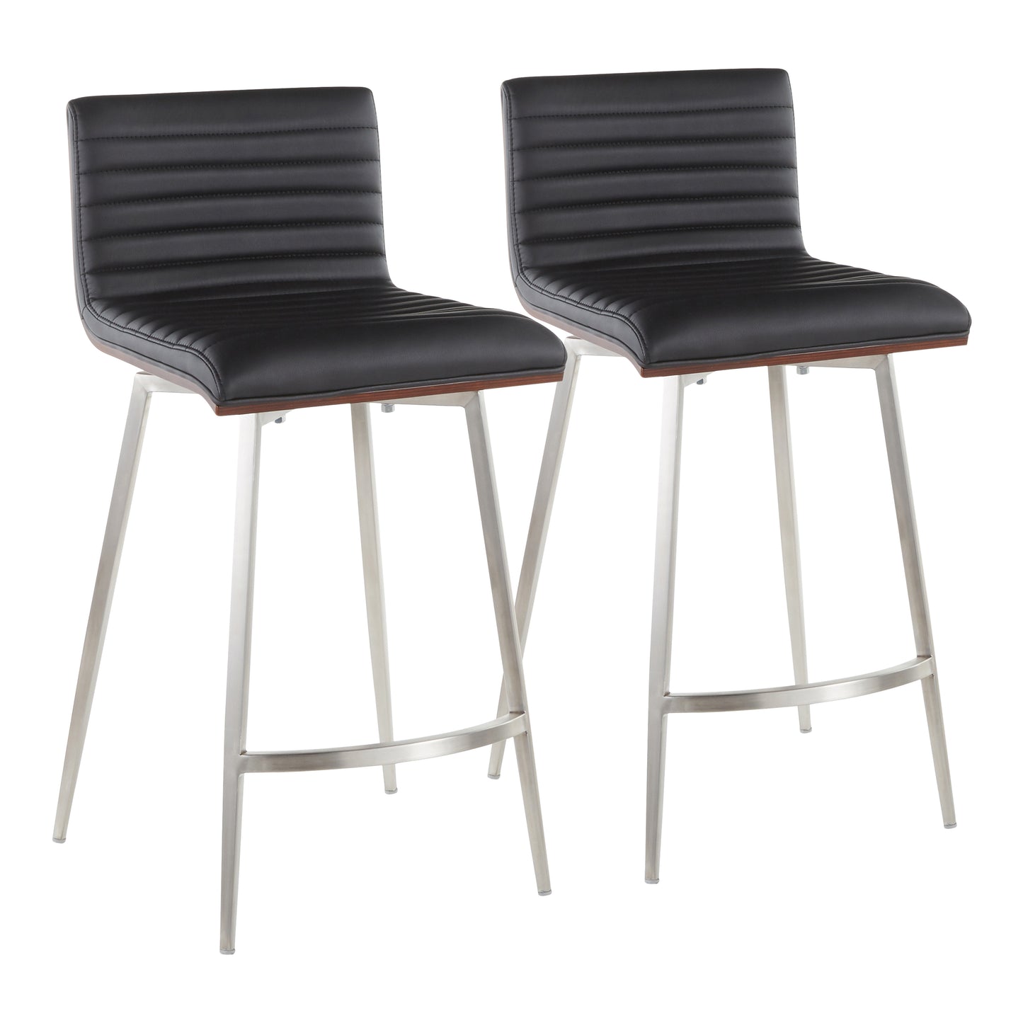 Contemporary Swivel Counter Stool in Stainless Steel, Walnut Wood, and Black Faux Leather  - Set of 2