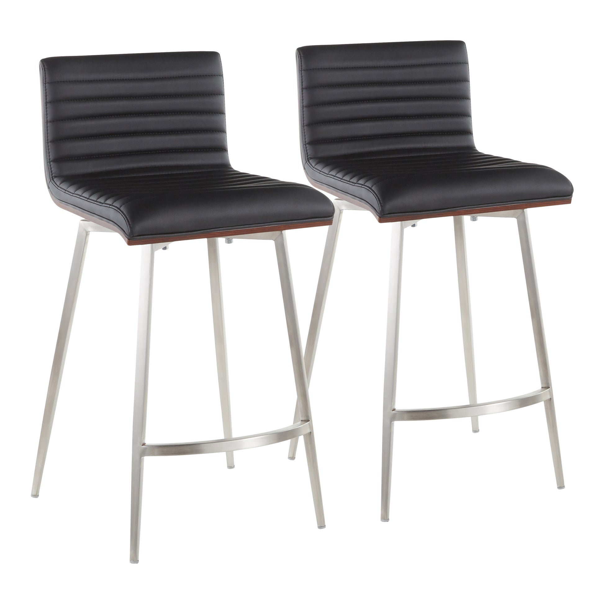 Contemporary Swivel Counter Stool in Stainless Steel, Walnut Wood, and Black Faux Leather  - Set of 2
