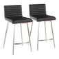 Contemporary Swivel Counter Stool in Stainless Steel, Walnut Wood, and Black Faux Leather  - Set of 2