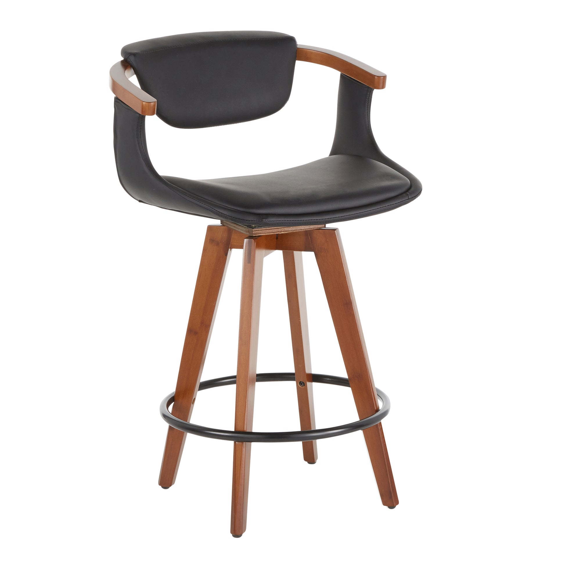 Mid-Century Modern Counter Stool in Walnut Bamboo and Black Faux Leather