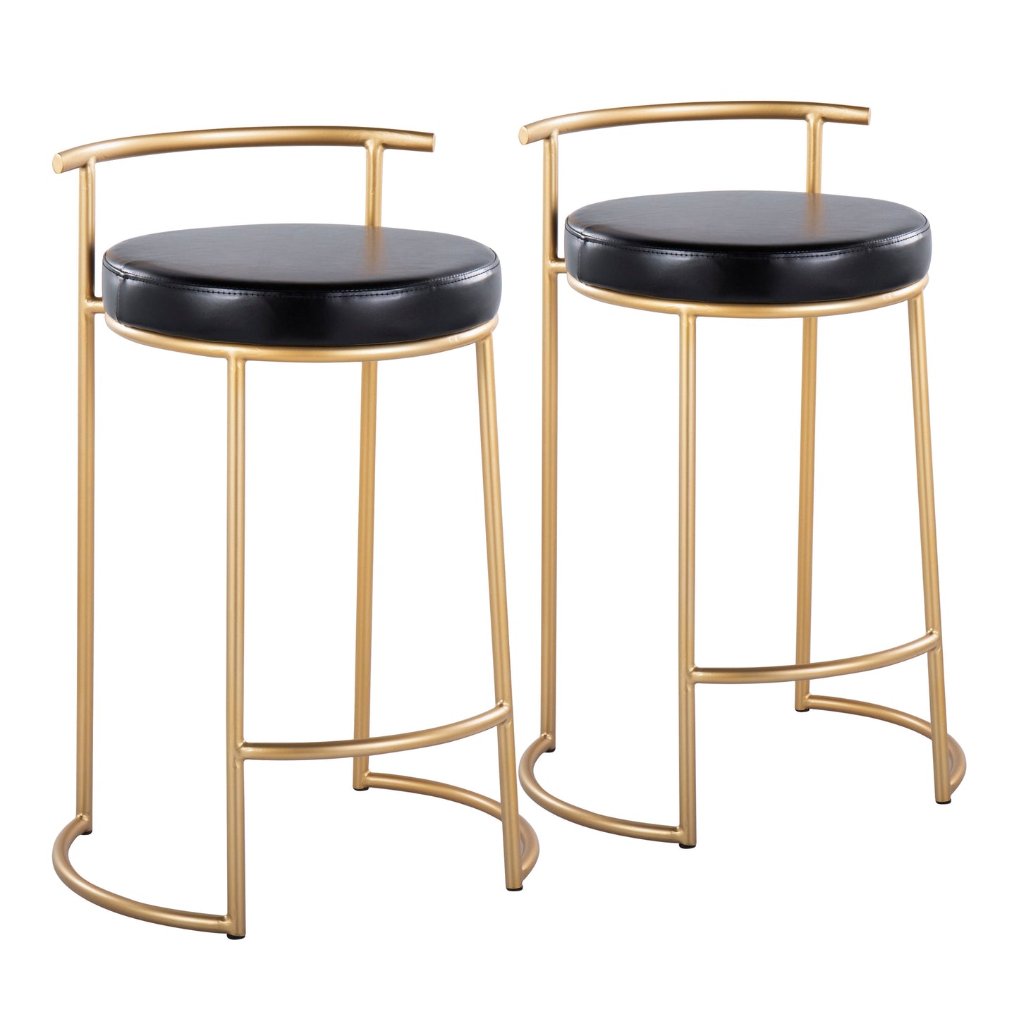 Round  26" Contemporary Fixed-Height Counter Stool in Gold Metal and Black Faux Leather  - Set of 2
