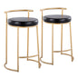 Round  26" Contemporary Fixed-Height Counter Stool in Gold Metal and Black Faux Leather  - Set of 2