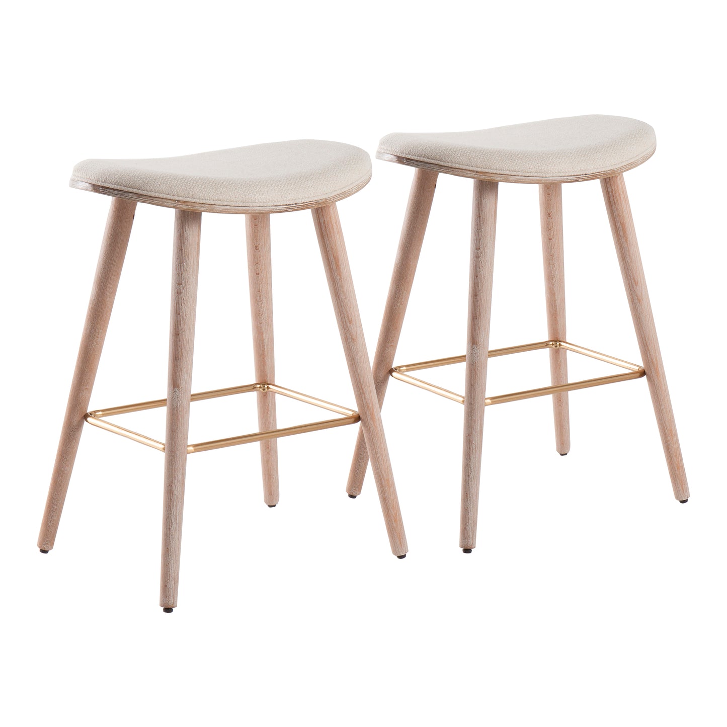 26" Contemporary Counter Stool in White Washed Wood and Cream Fabric with Gold Metal  - Set of 2