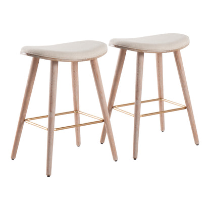 26" Contemporary Counter Stool in White Washed Wood and Cream Fabric with Gold Metal  - Set of 2